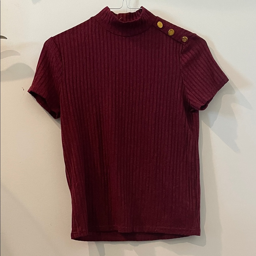 Women's Burgundy Ribbed Top with Button Detail*